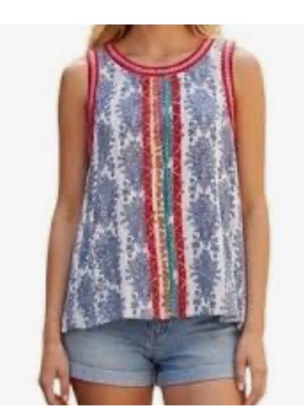 Anthropologie Blue Floral Tank with Red and Green Center Stripe